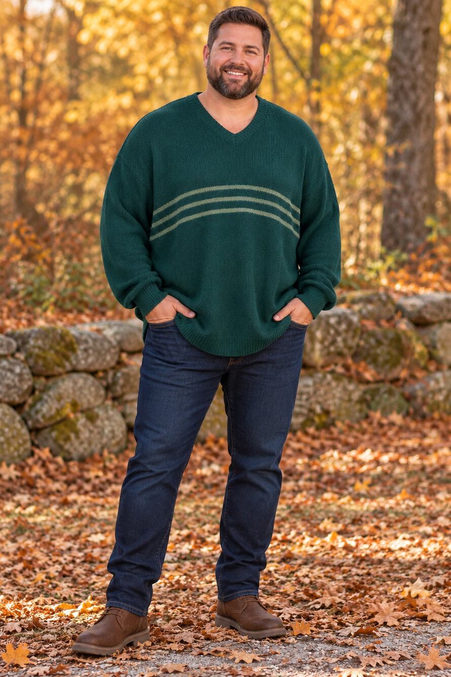 L.L.Bean Men’s XL Forest Green Wool Blend V-Neck Striped Sweater Tall Fit